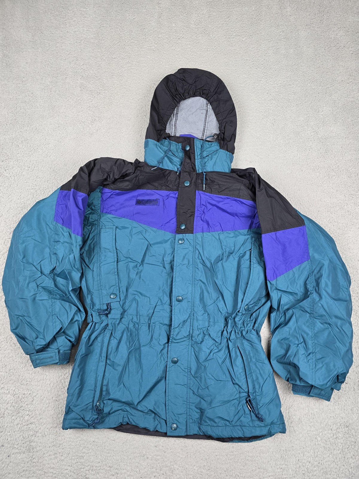 Vintage Columbia Jacket Mens Small Green Teal Purple Hooded Parka Insulated 90s