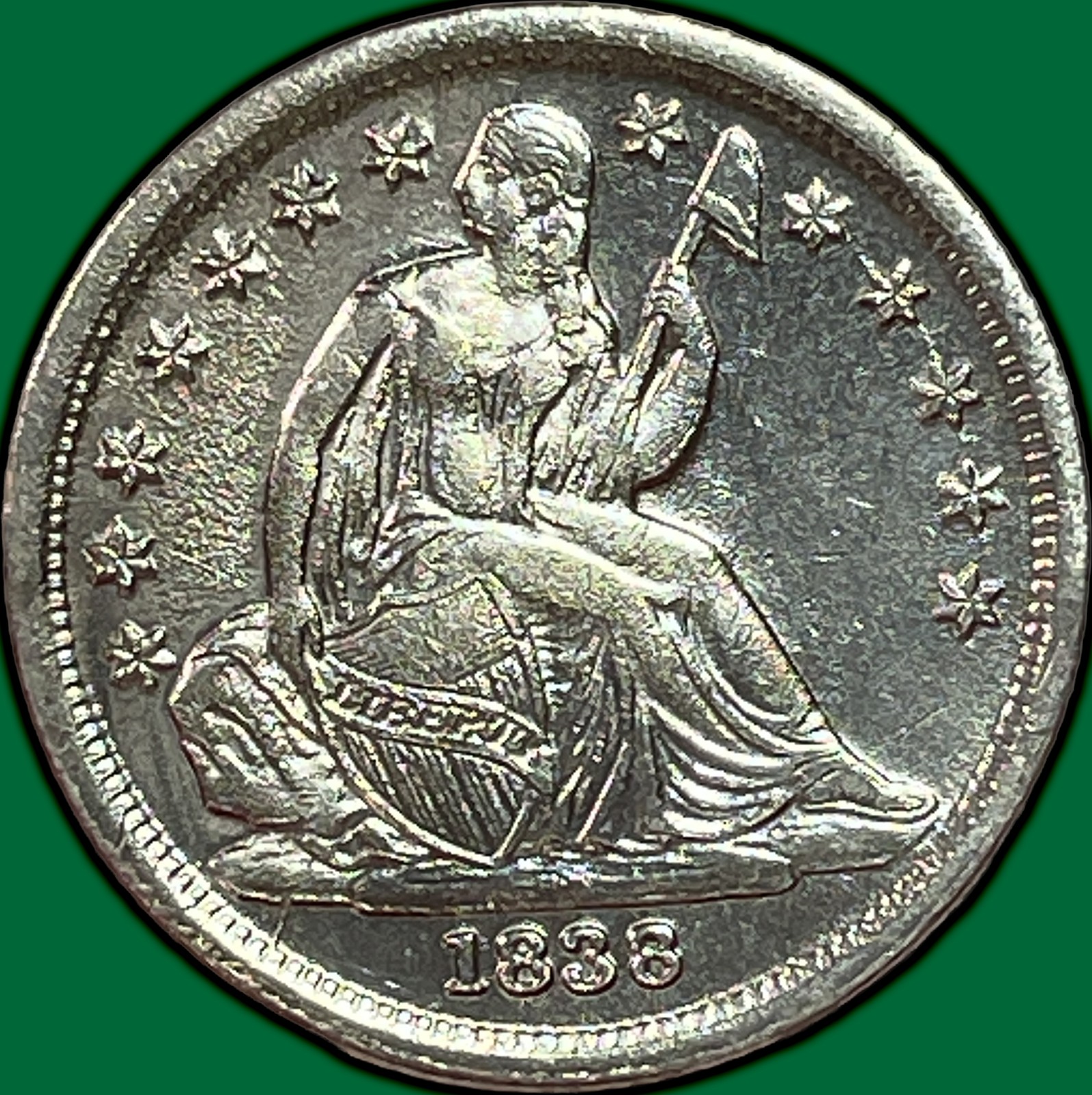 1838 Large Stars, No Drapery Seated Liberty Dime Almost Uncirculated AU, Cleaned