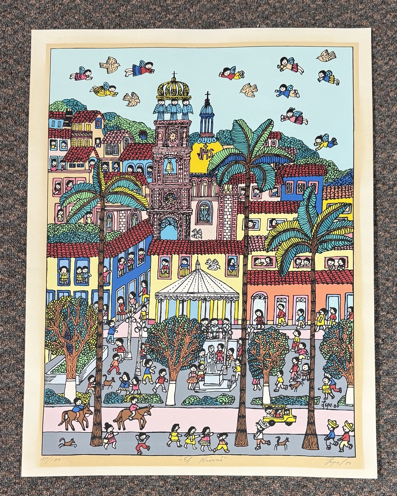 Vtg Manuel Lepe Macedo Signed EL KIOSKO Puerta Vallarta Flying Angels Art Print