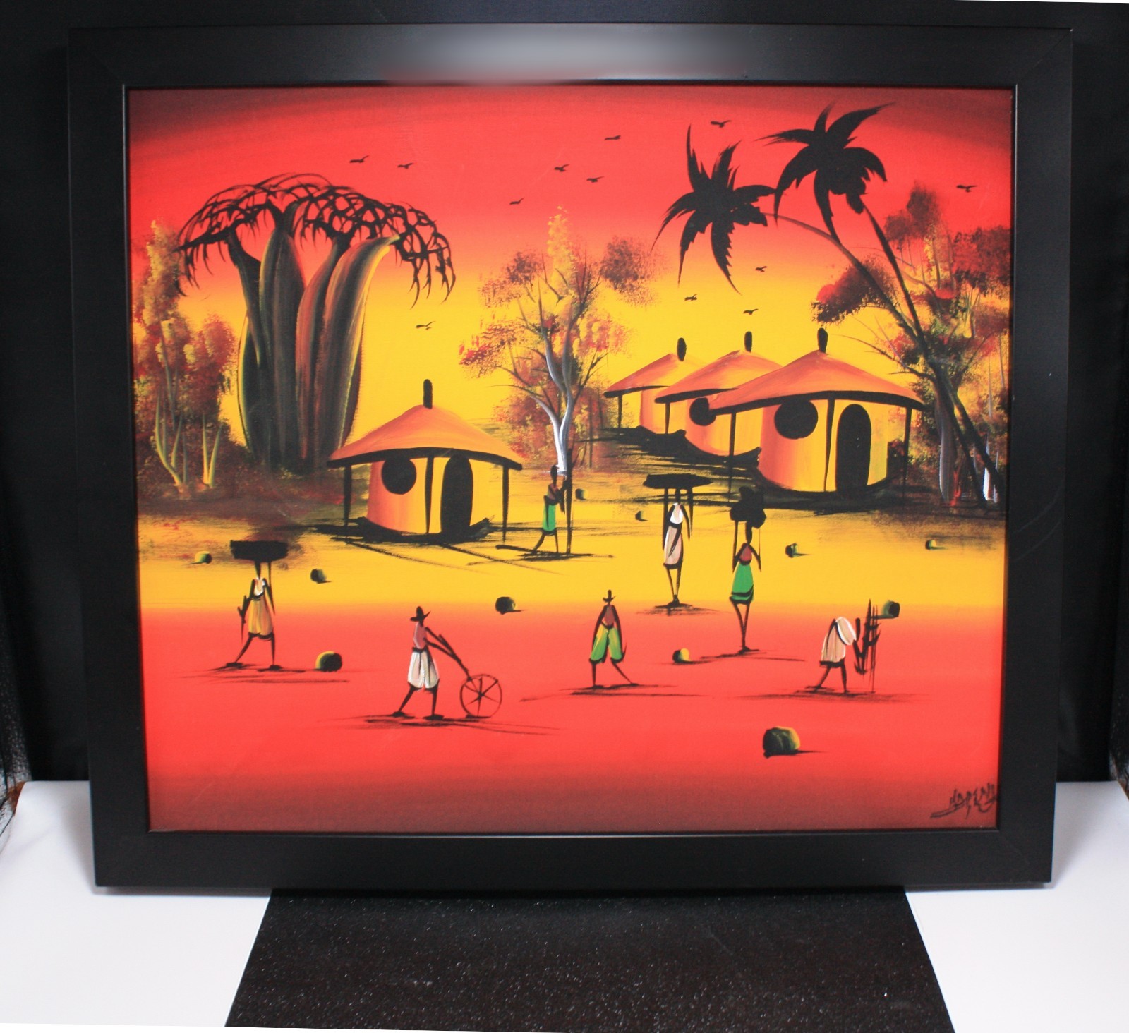 Original African Village Scene Acrylic, Signed 16 X 18\ Original African Village Scene Acrylic, Signed 16 X 18\