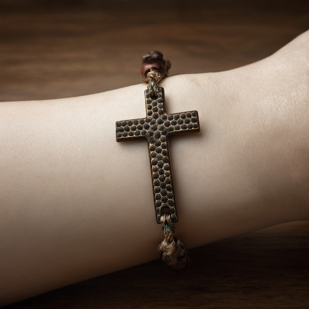 Handmade Mexican Decenario Bracelet Hammered Copper Cross Adjustable Macramé