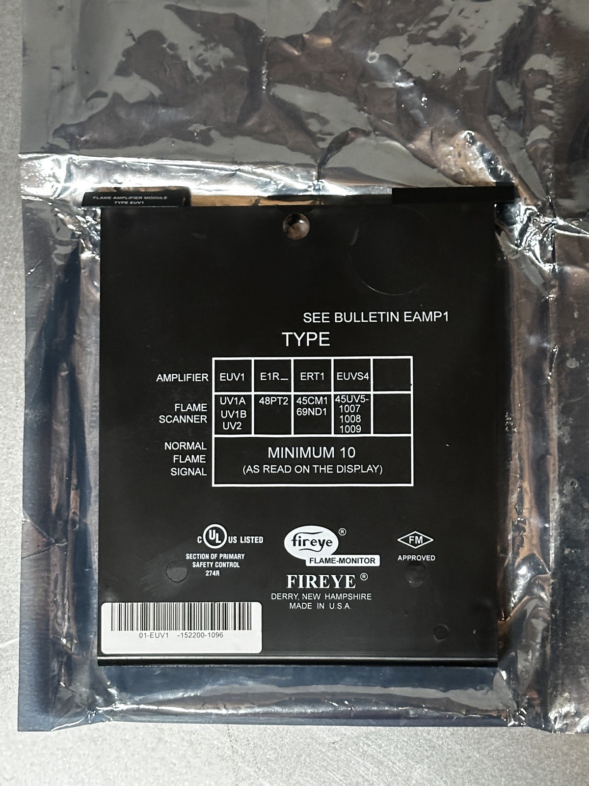 FIREYE EUV1 ULTRAVIOLET FLAME AMPLIFIER New EUV1 FIREYE EUV1 ULTRAVIOLET FLAME AMPLIFIER New EUV1