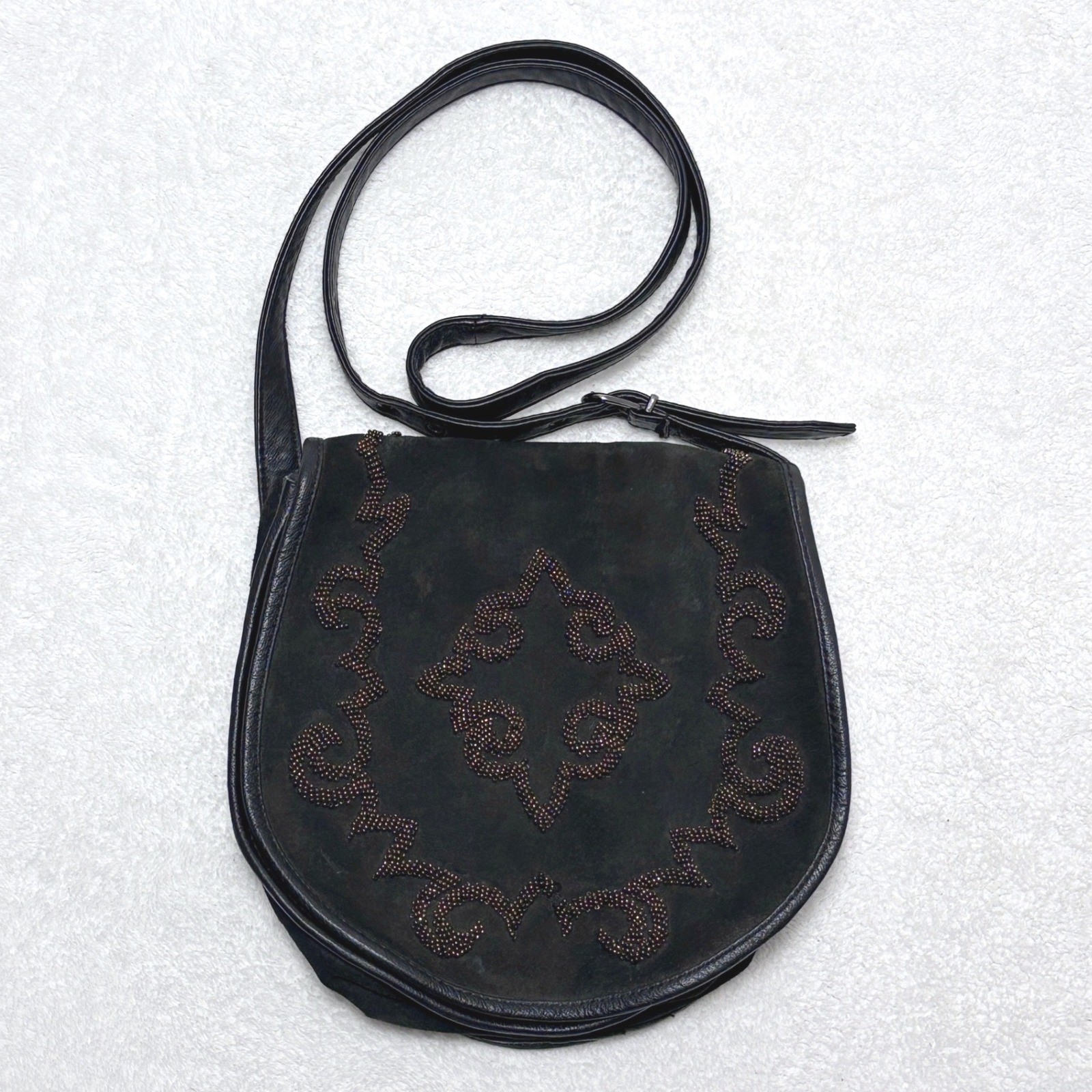 Vtg Cripple Creek Black Suede Beaded Crossbody Bag Western Boho Festival Purse