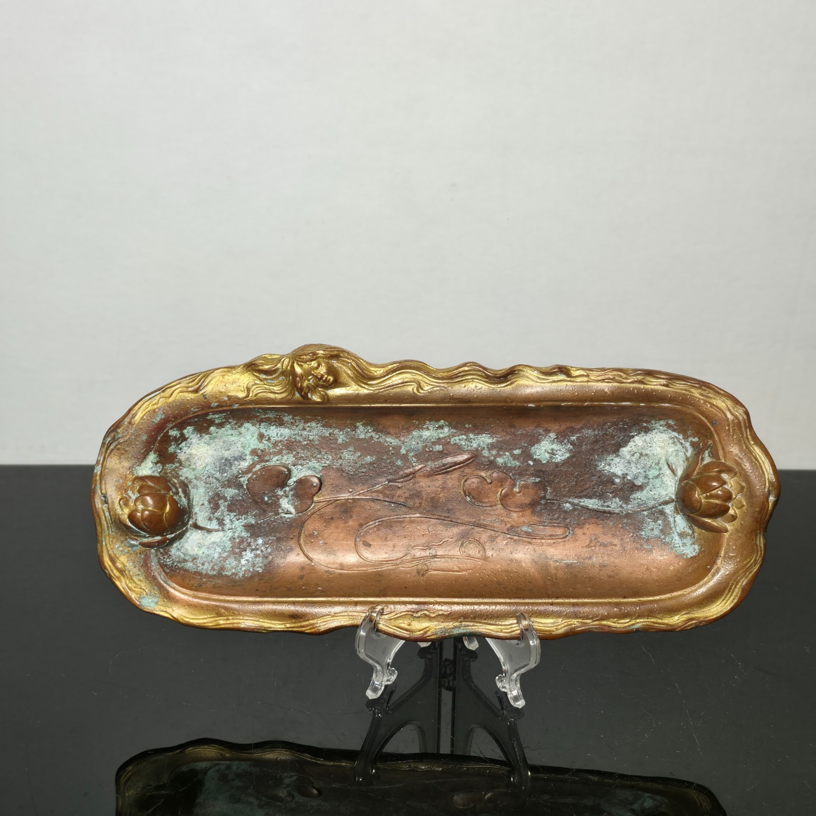Jennings Brothers Art Nouveau Woman Water Lily Metal Vanity Pen Tray 