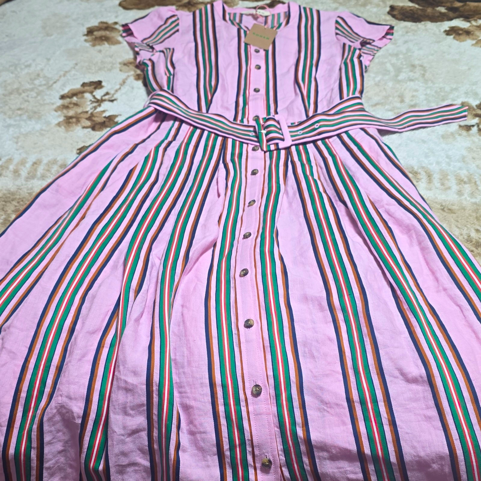 Boden Pink Striped Shirt Dress Collared Button Front Belted Midi Womens 8 Boden Pink Striped Shirt Dress Collared Button Front Belted Midi Womens 8
