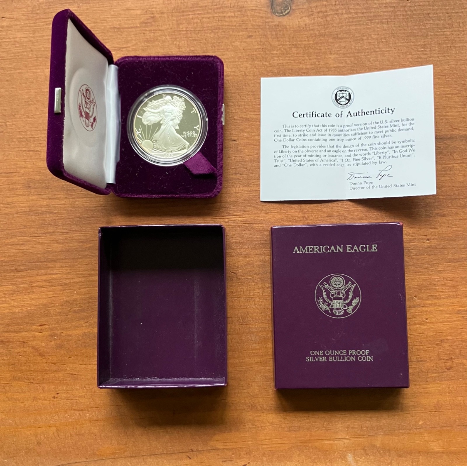 1986-S 1 oz Proof Silver Eagle in Capsule with Original Box and COA 1986-S 1 oz Proof Silver Eagle in Capsule with Original Box and COA