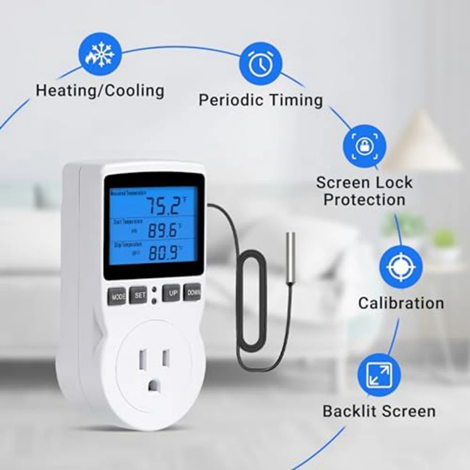 Digital Thermostat Outlet Plug Temperature Controller Heating Cooling with Probe