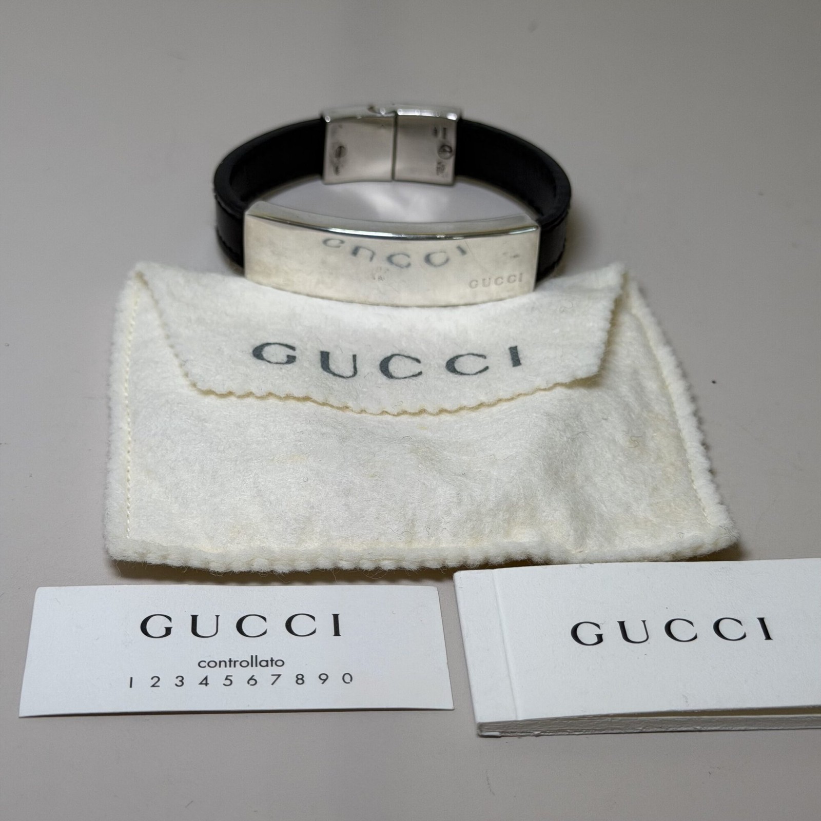 Gucci Vintage Sterling Silver & Black Leather ID Bangle Bracelet