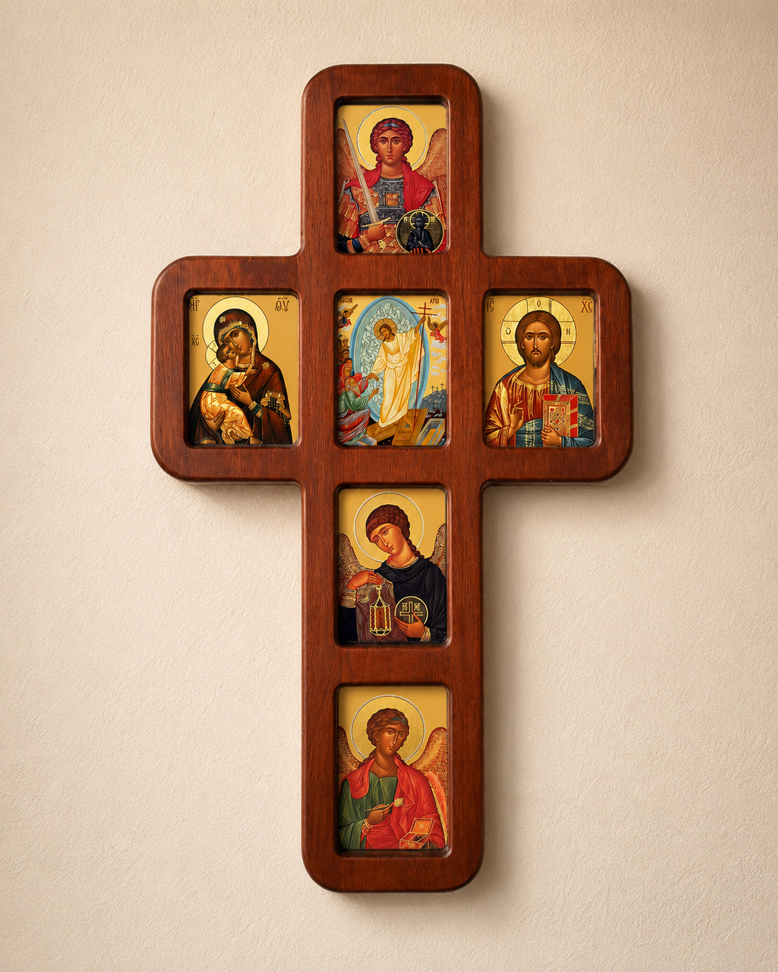 Christ, Virgin of Vladimir Archangels Michael, Gabriel, Raphael Icons In Cross Christ, Virgin of Vladimir Archangels Michael, Gabriel, Raphael Icons In Cross