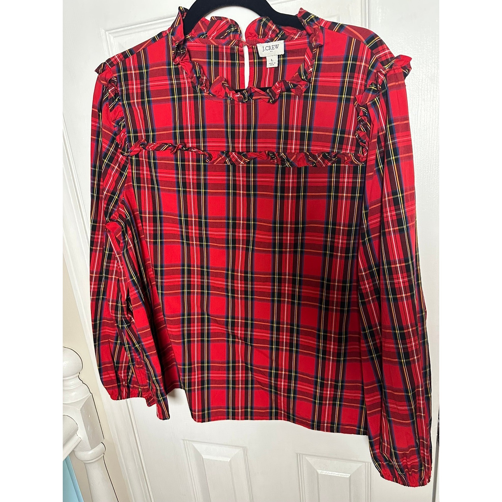J Crew Womens Tartan Plaid Ruffle Neck Blouse Red Long Sleeve Top Size L J Crew Womens Tartan Plaid Ruffle Neck Blouse Red Long Sleeve Top Size L