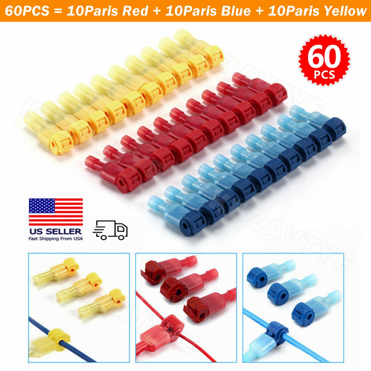 60/480PCS T-Taps Wire Connectors Quick Splice Self-Stripping Insulated Terminals