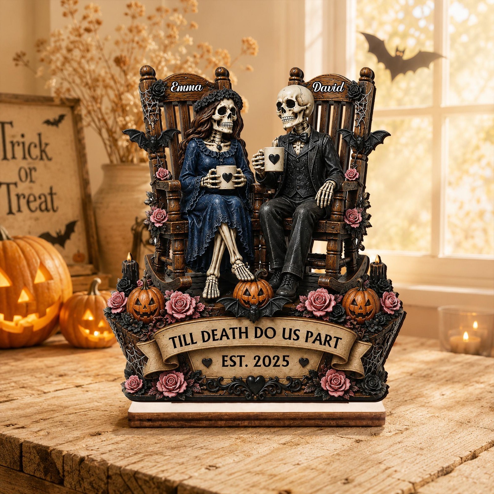 Personalized Skeleton Couple Wooden Plaque, Custom Gothic Halloween Anniversary