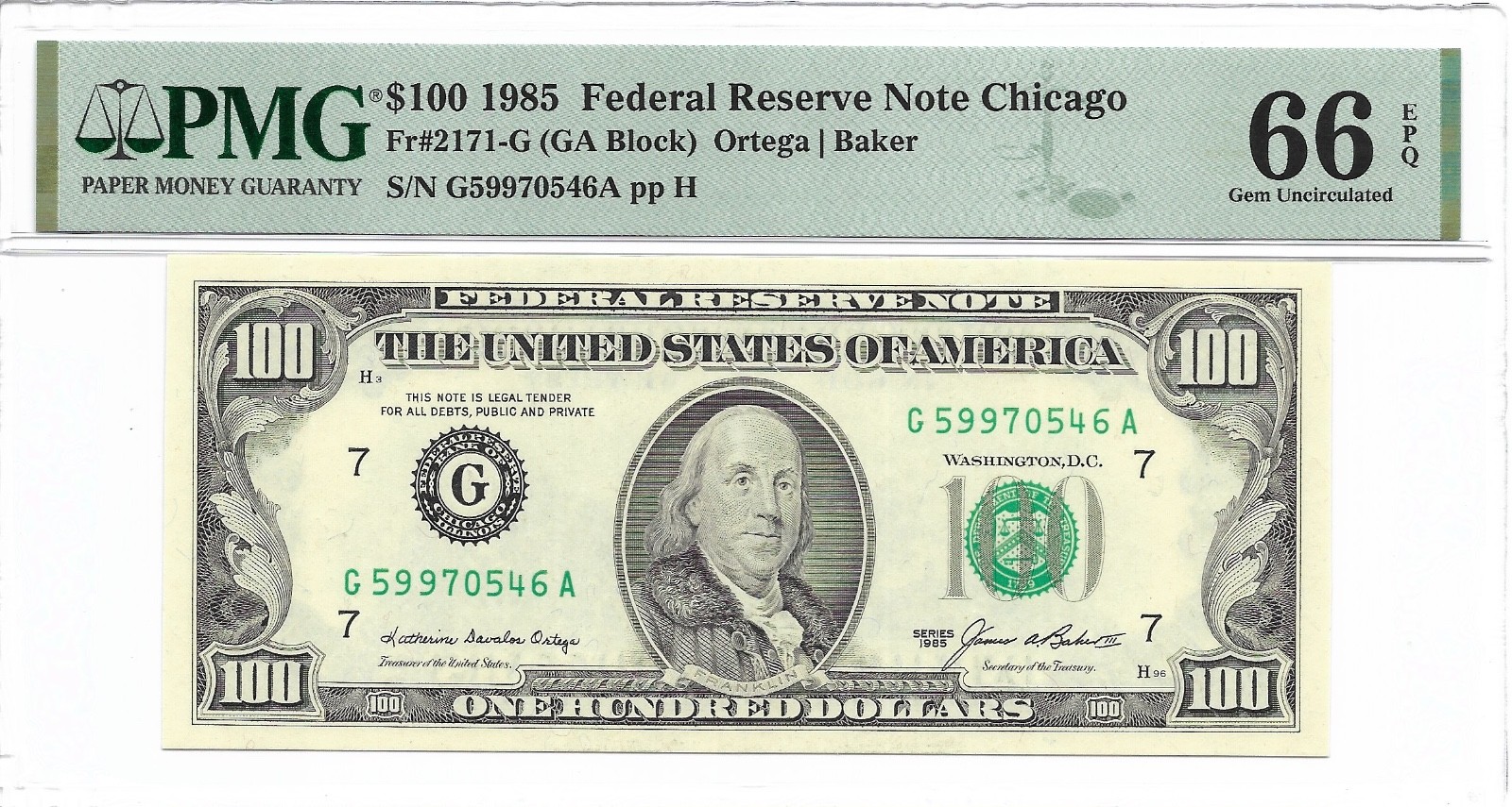 1985 $100 CHICAGO FRN. PMG GEM Uncirculated 66 EPQ Banknote. 1985 $100 CHICAGO FRN. PMG GEM Uncirculated 66 EPQ Banknote.