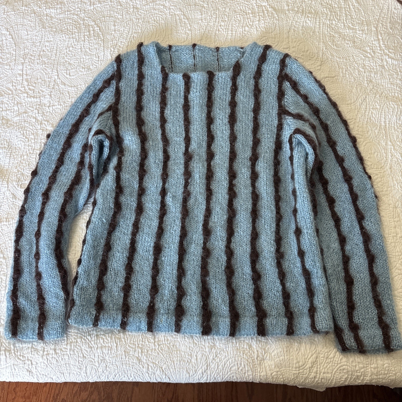 Vintage S/M Light Blue Crocheted Sweater W/Brown Vertical Stripe Mohair Pullover Vintage S/M Light Blue Crocheted Sweater W/Brown Vertical Stripe Mohair Pullover