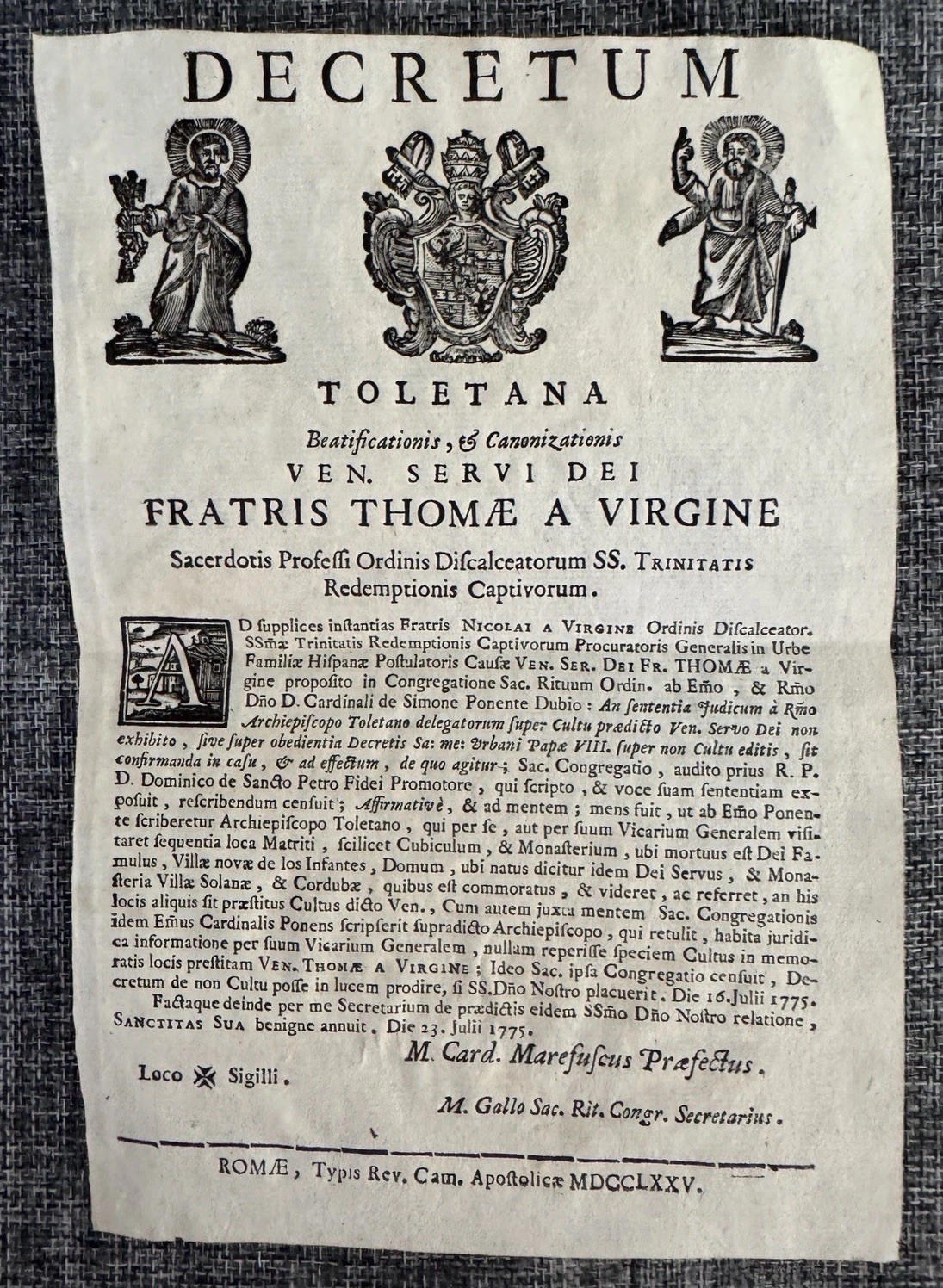 1775 Papal Decree Rome Canonization of Fr. Thomas a Virgine Latin Broadside