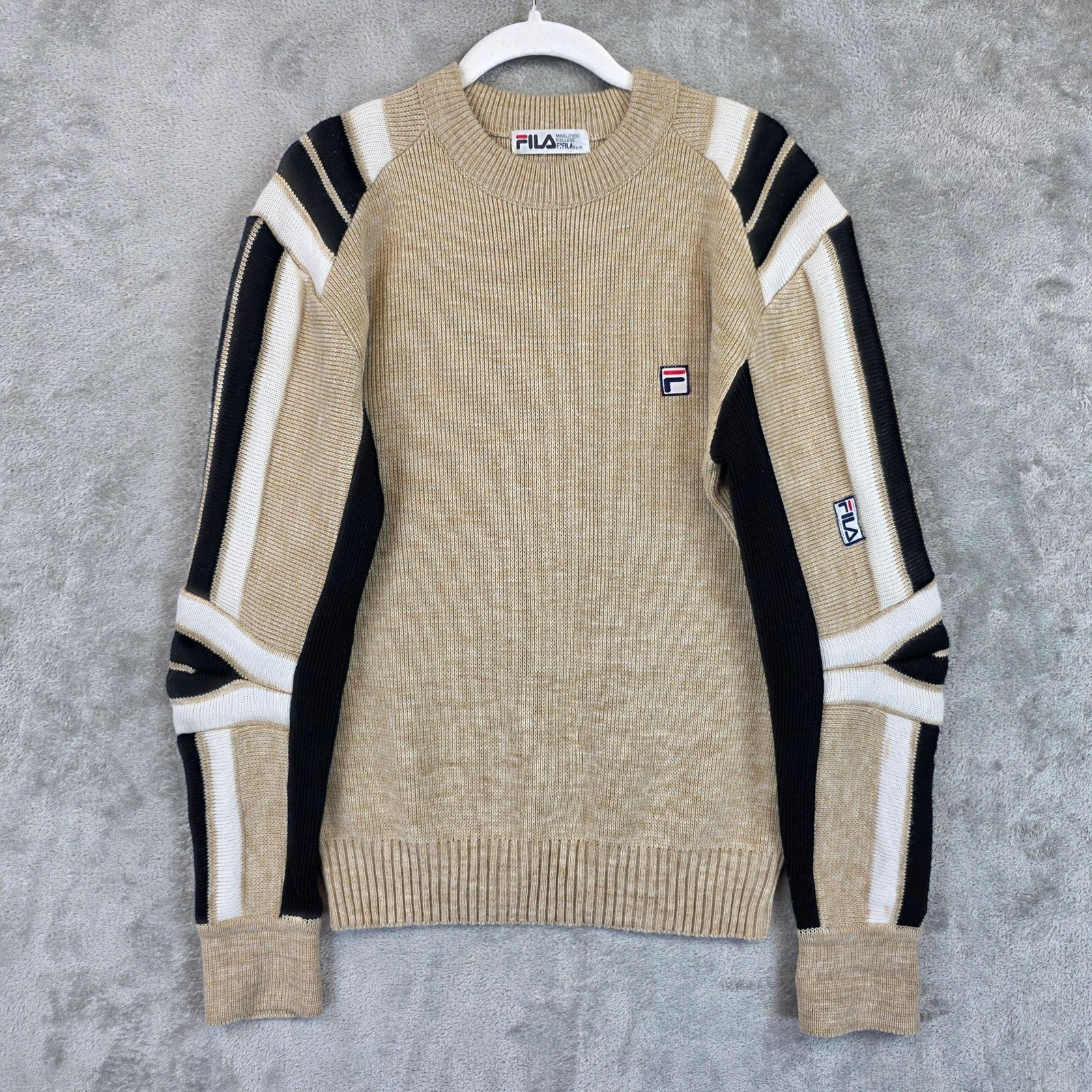 Vintage Fila Sweater Mens M Beige Stripe Wool Logo Crewneck Knit Pullover Ski