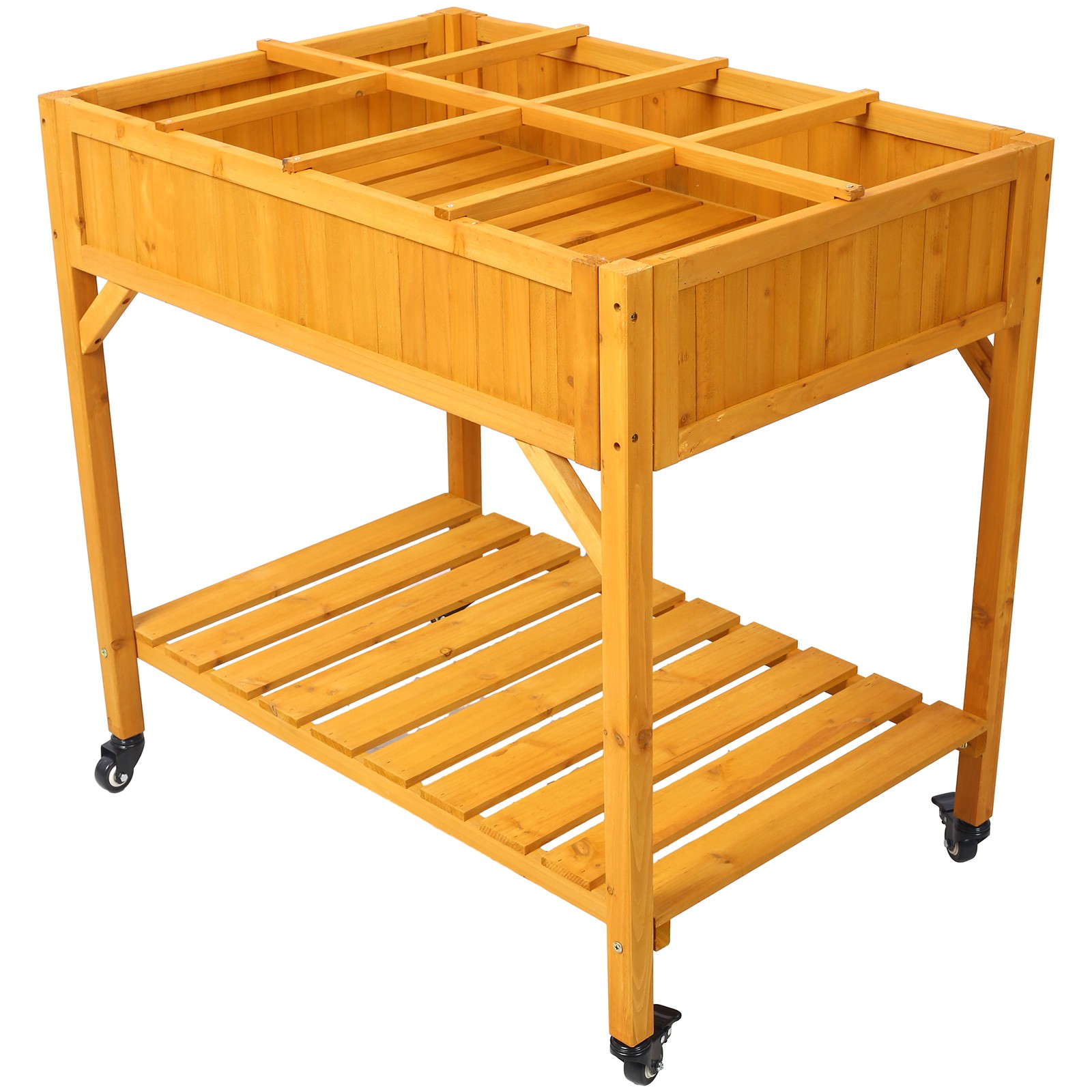 8 Compartment Raised Garden Bed Wooden Planter w/ Lockable Casters & Storage