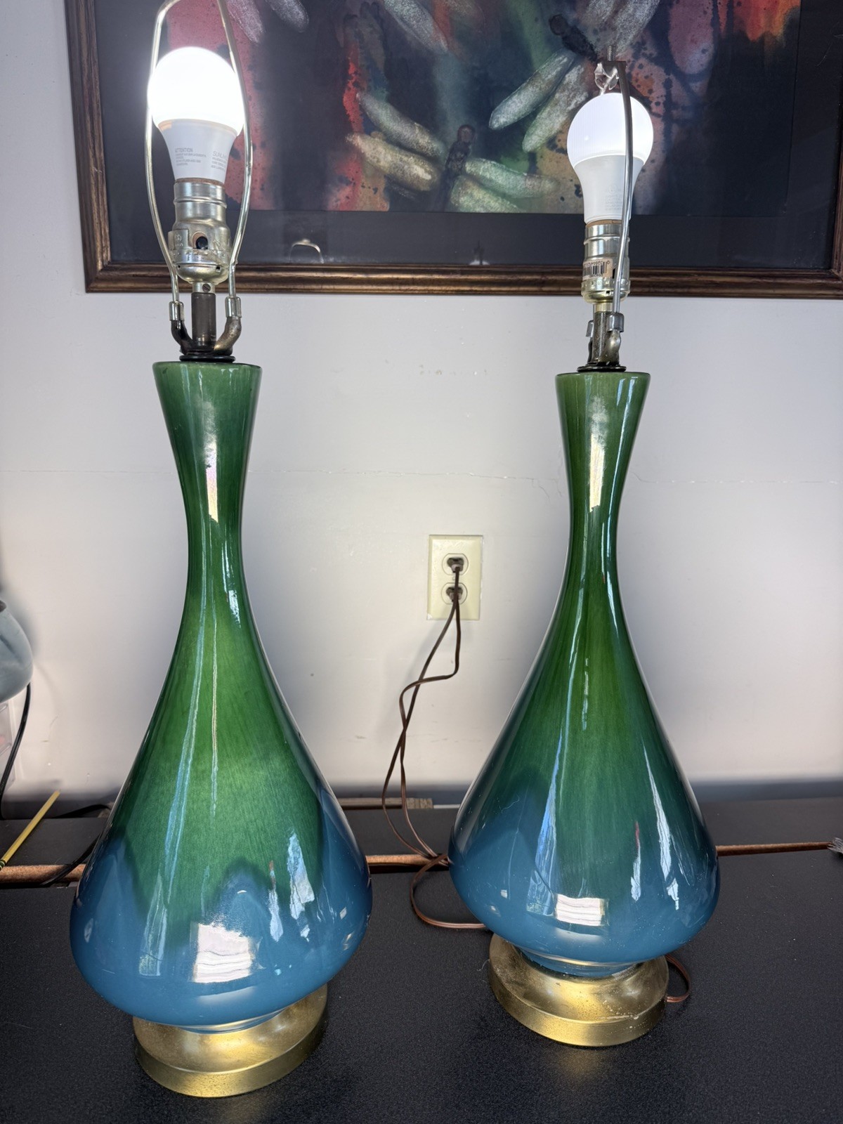 1960s Royal Haeger MCM Ceramic Drip Pair Genie Lamp Onion Shape Green And Blue 1960s Royal Haeger MCM Ceramic Drip Pair Genie Lamp Onion Shape Green And Blue