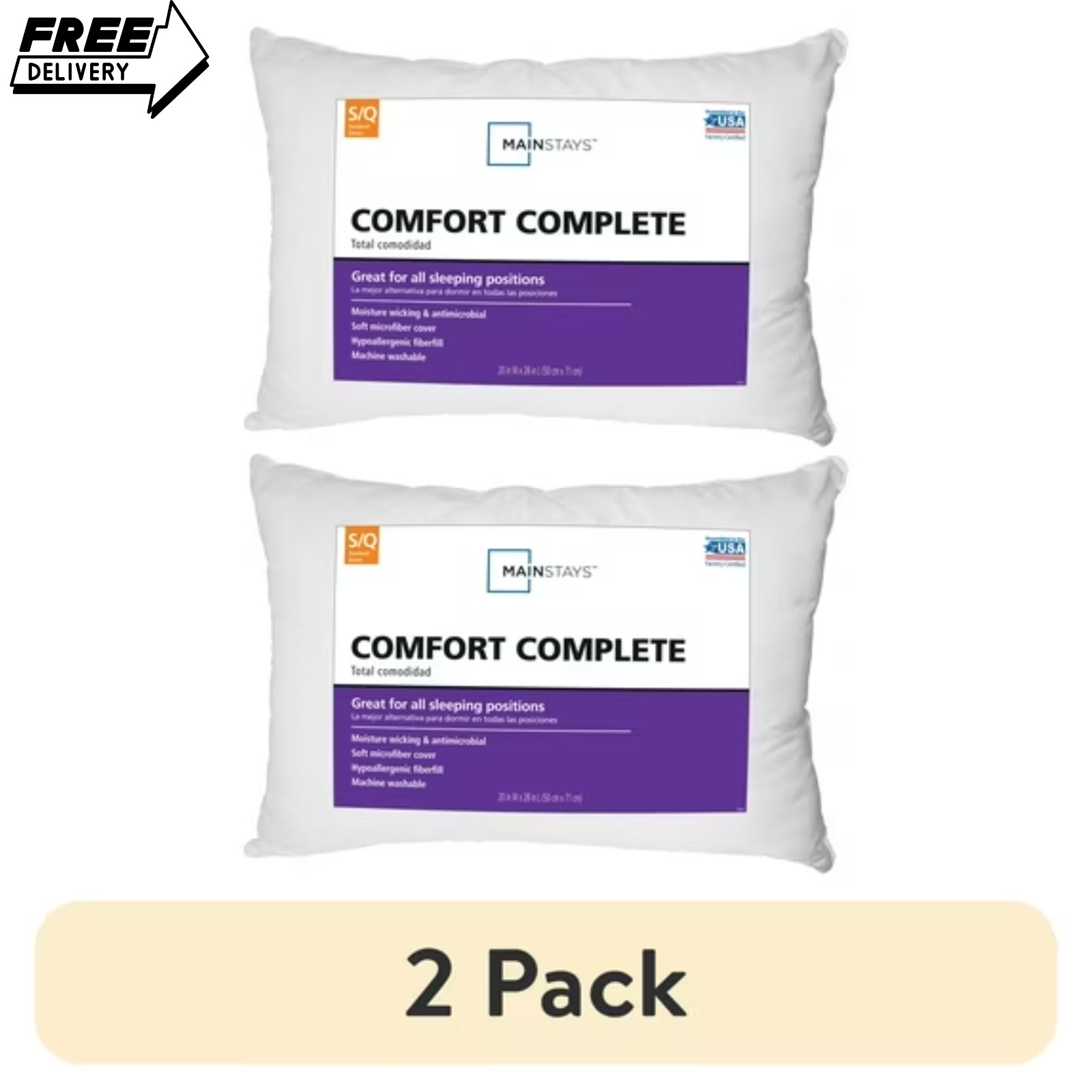 Mainstays Comfort Complete Bed Pillow, Standard/Queen (2 Pack)
