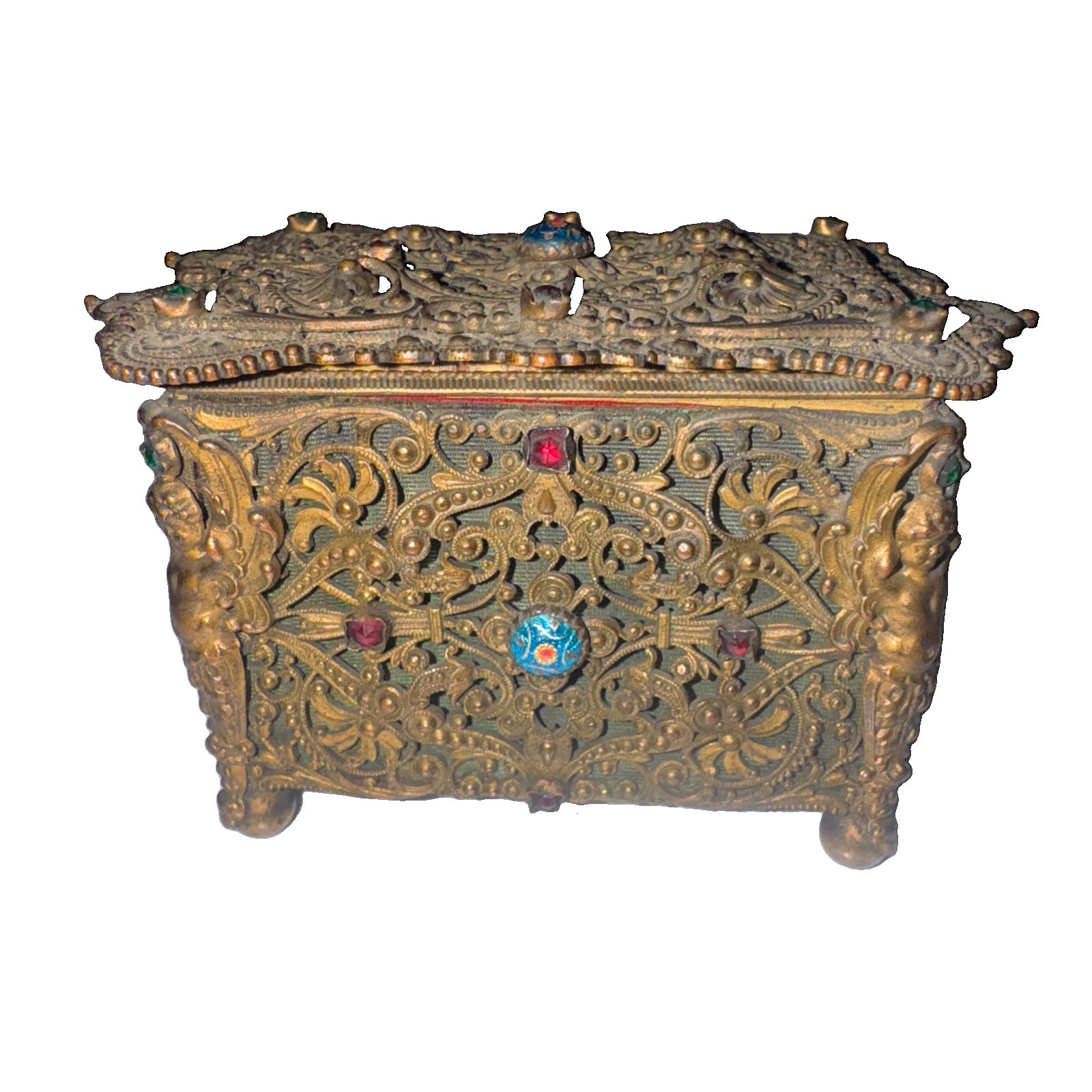 Antique 19thC French or Asian Ornate Filigree Jeweled Enamel Trinket Box - Small Antique 19thC French or Asian Ornate Filigree Jeweled Enamel Trinket Box - Small