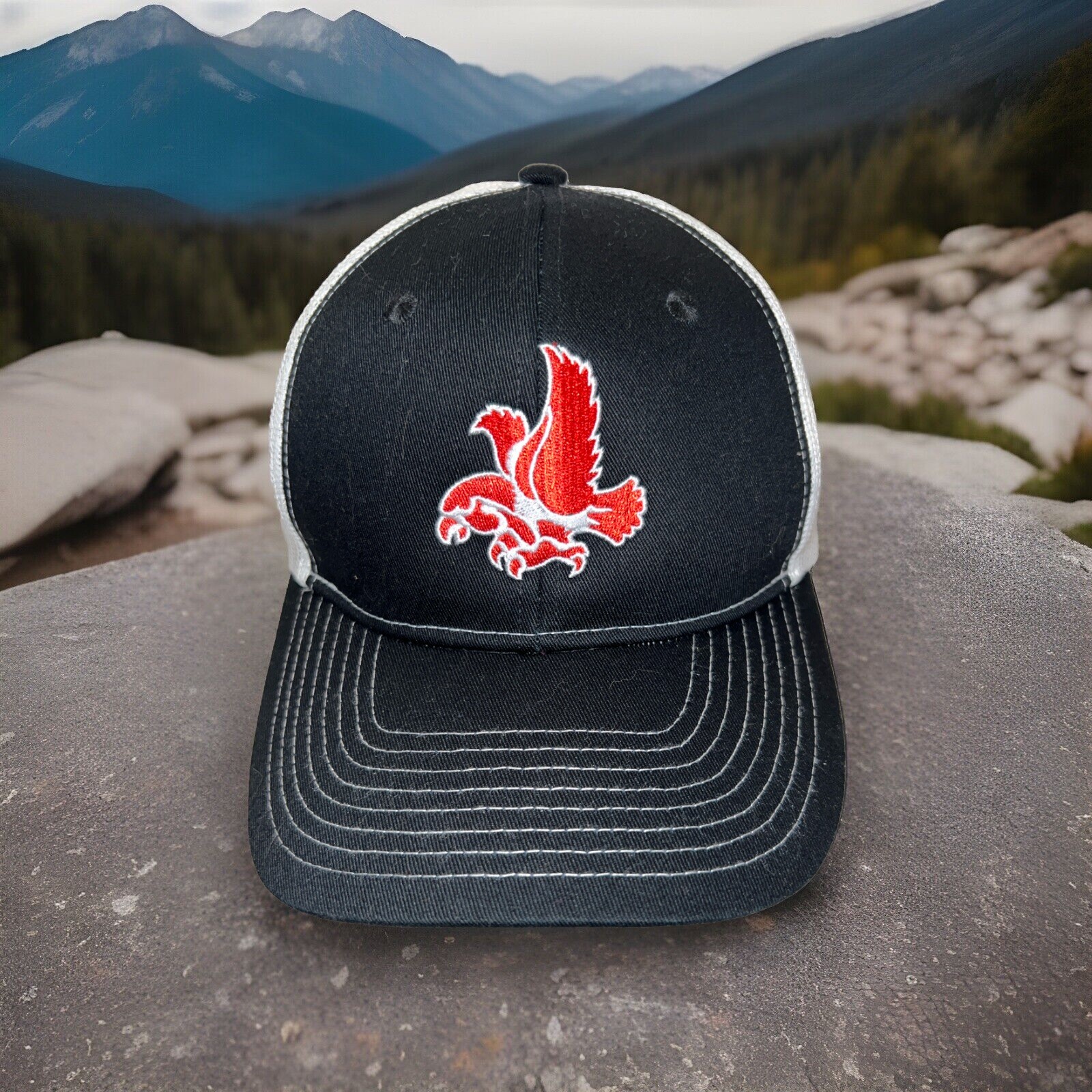 Eastern Washington Swoop Logo in Red White on Black Trucker Hat Cap Snapback