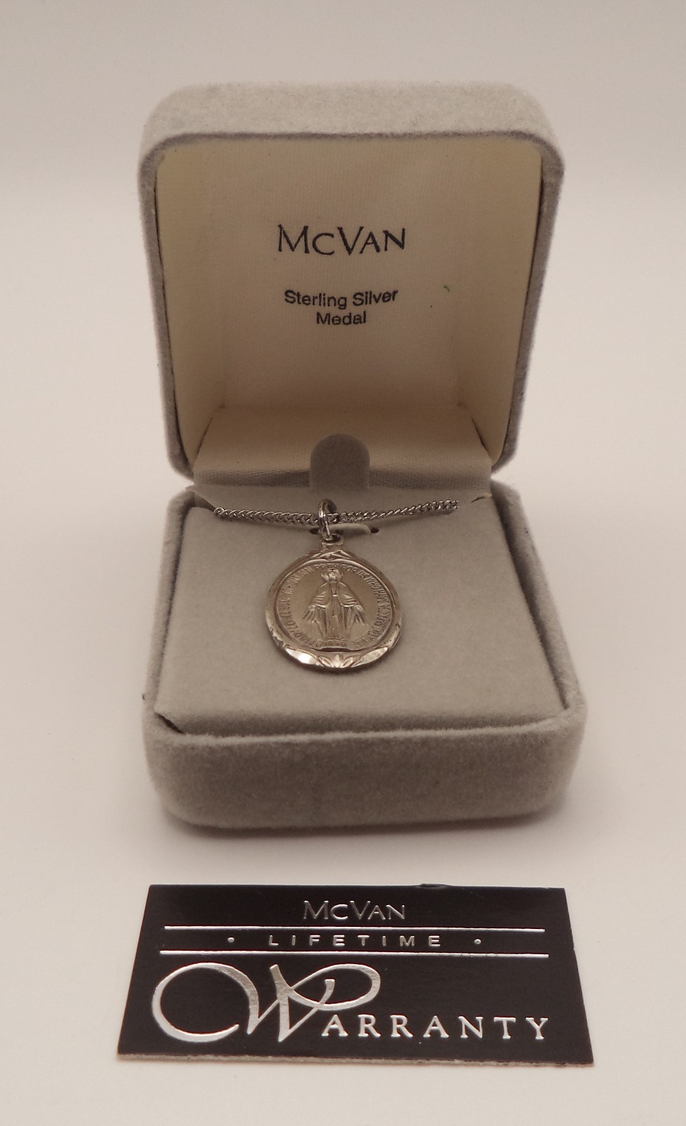Vintage McVan Sterling Silver Virgin Mary Medal Pendant Necklace 18