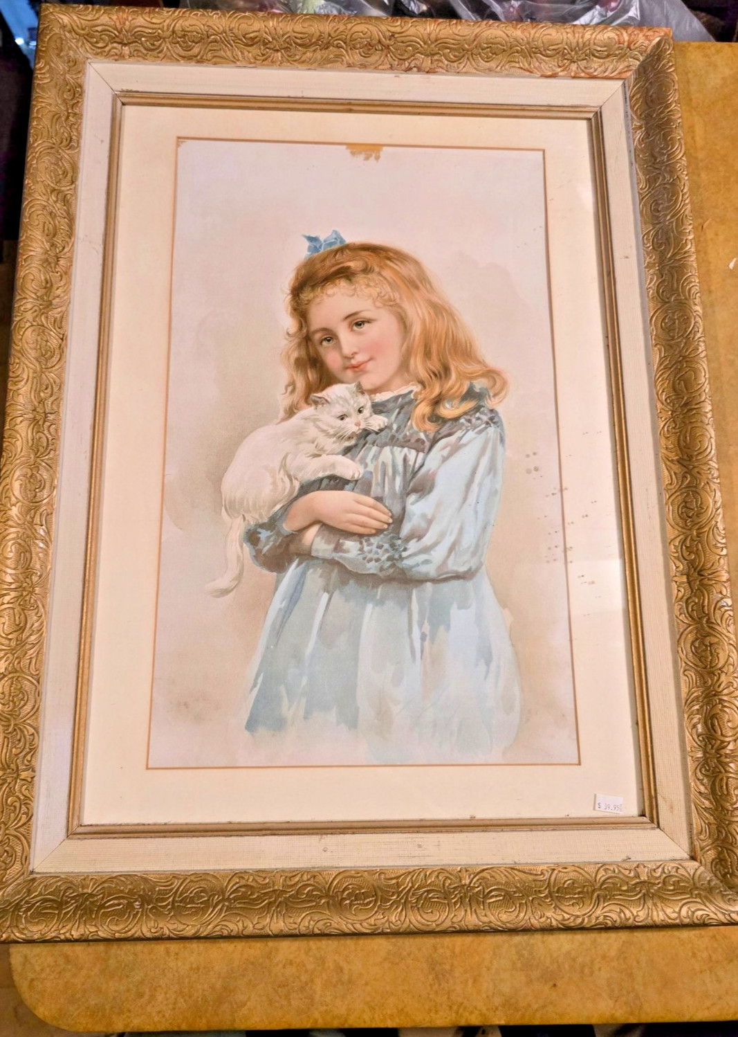 Antique Fleischmann Yeast Sign Poster No 9 Girl Cat Victorian Gilt Frame 1880s