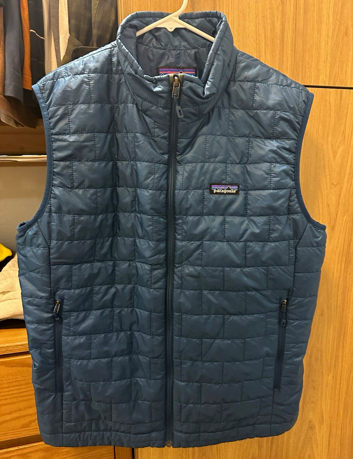 Patagonia Nano Puff Blue Puffer Vest Full Zip Pockets Stand-Up Collar Men\'s L Patagonia Nano Puff Blue Puffer Vest Full Zip Pockets Stand-Up Collar Men\'s L
