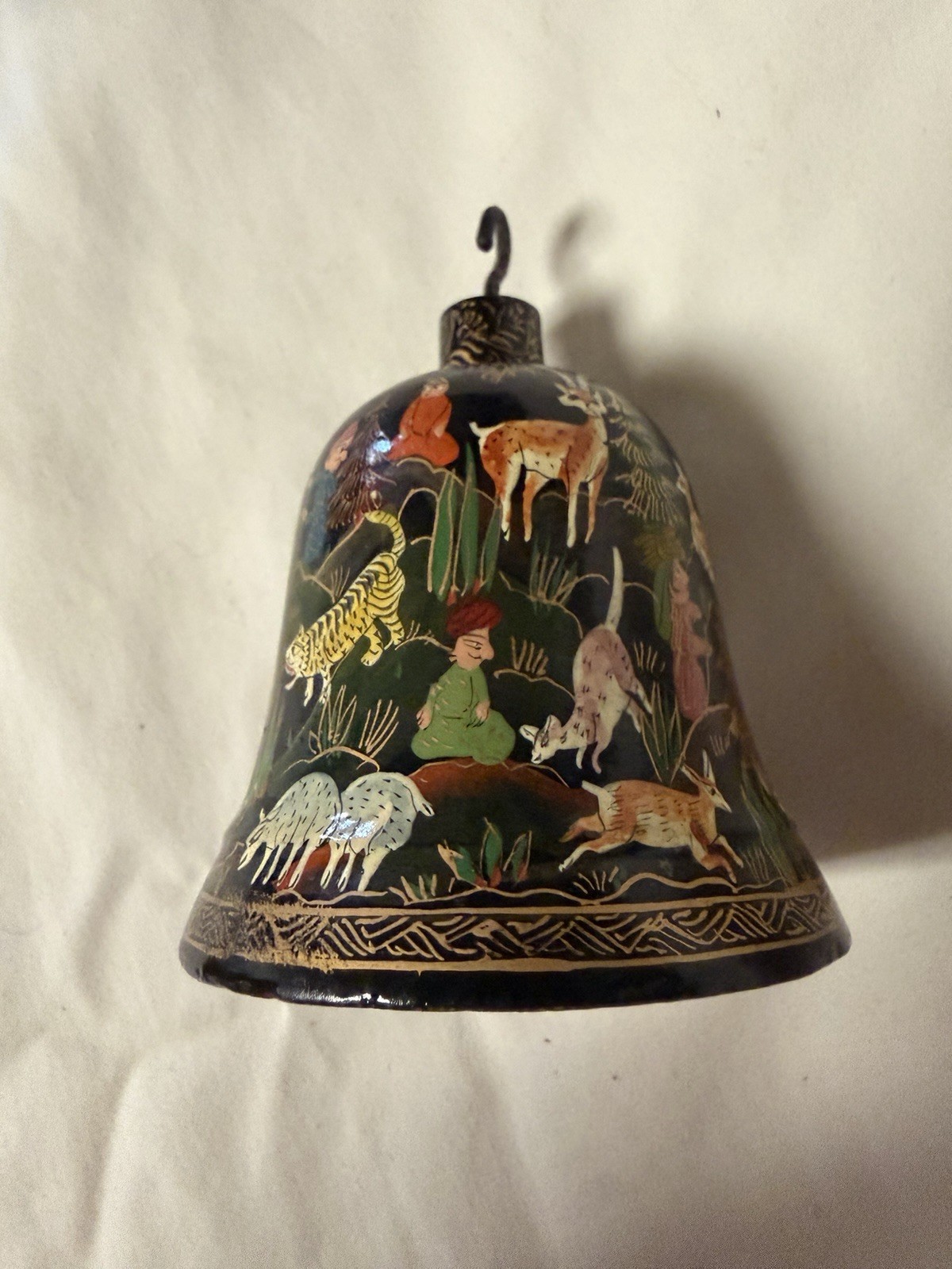 VTG Hand Painted Paper-mâché Bell Ornament Kashmir Suffering Moses India VTG Hand Painted Paper-mâché Bell Ornament Kashmir Suffering Moses India