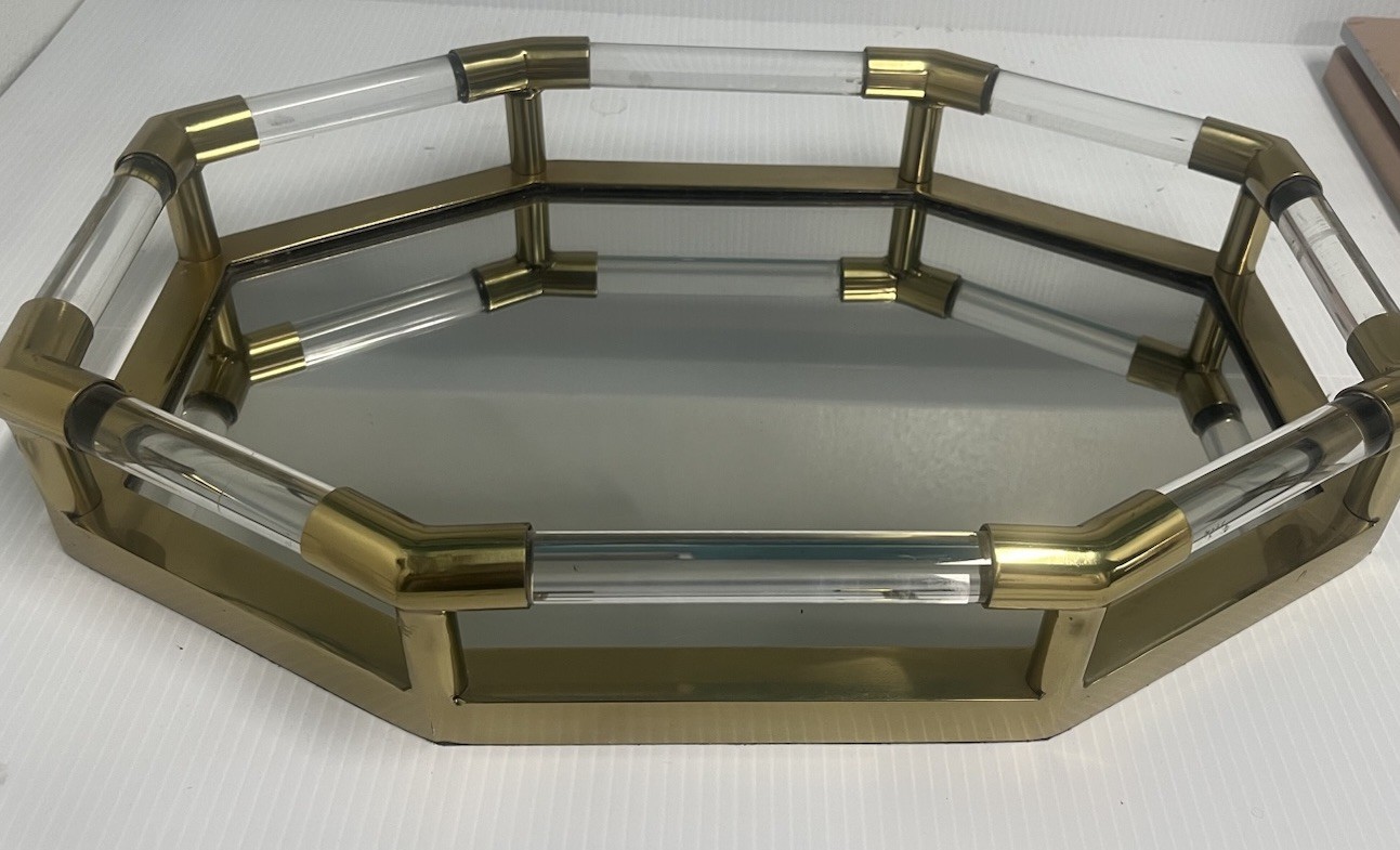 Vintage Charles Hollis Jones Style Brass Lucite Mirror Octagon Cocktail Tray