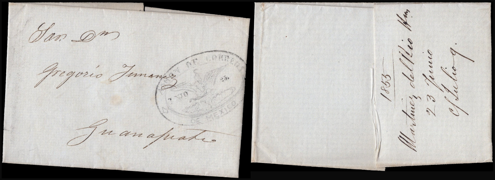 SAVOYSTAMPS-STAMPLESS MEXICO COVER 1853 with double oval cancel with 2 eagles SAVOYSTAMPS-STAMPLESS MEXICO COVER 1853 with double oval cancel with 2 eagles