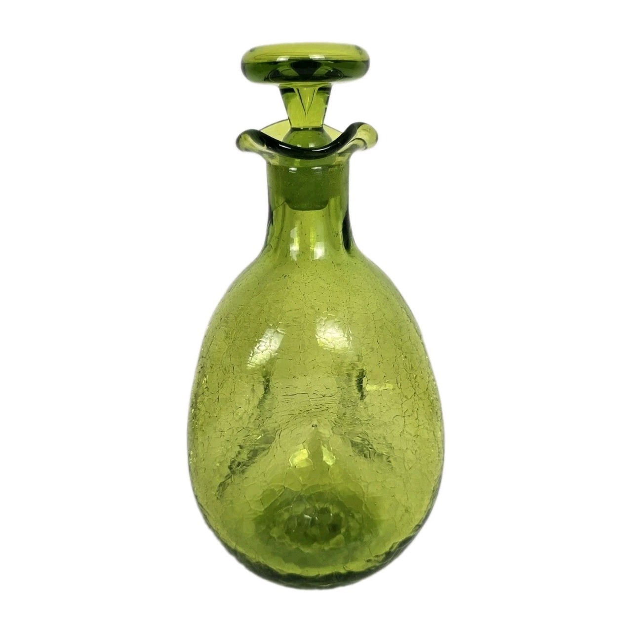 1968 BLENKO #49 MCM Crackle Glass Pinch Decanter with Stopper Olive Green 10.5\ 1968 BLENKO #49 MCM Crackle Glass Pinch Decanter with Stopper Olive Green 10.5\
