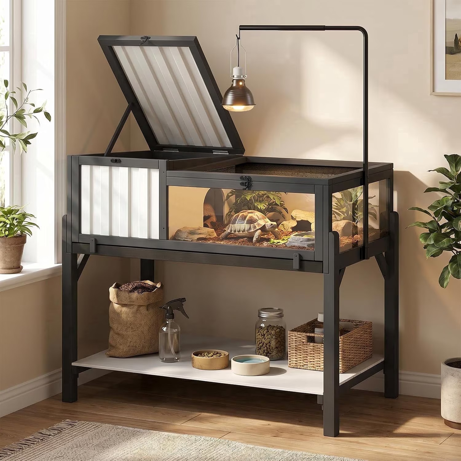 Indoor Tortoise Habitat: Two-Room Elevated Table with Light Stand & Storage