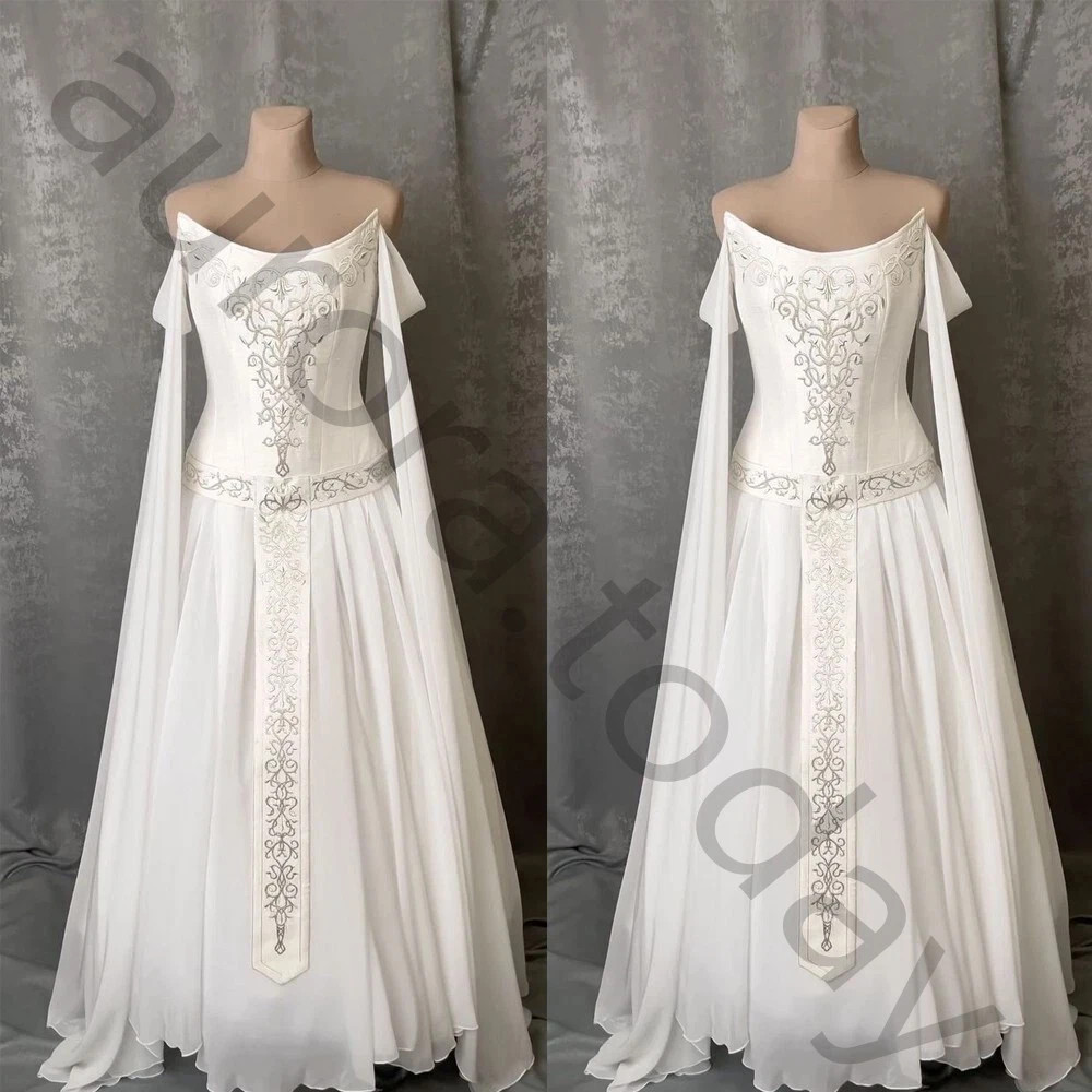 Vintage Celtic Chiffon Wedding Dresses with Cape Off the Shoulder Bridal Gowns Vintage Celtic Chiffon Wedding Dresses with Cape Off the Shoulder Bridal Gowns