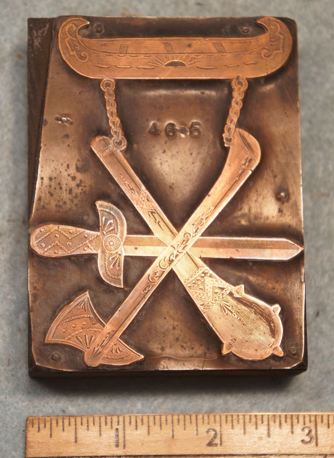 Antique ORDER OF REDMEN Battle Axe & Club Badge COPPER PRINTING BLOCK 6P151