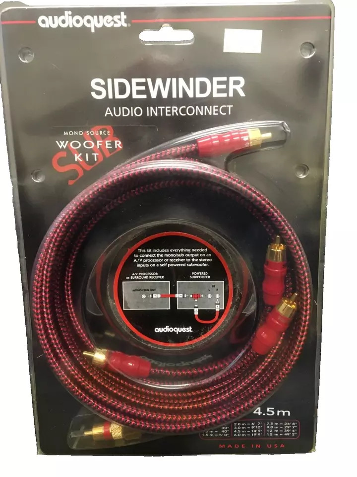 RARE AudioQuest Sidewinder Audio Interconnect 4.5m/14.9\' Cable Pair & Woofer Kit