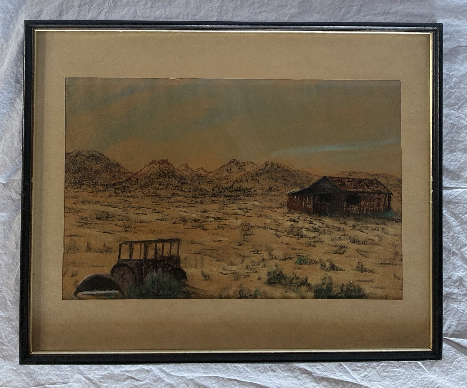 Original Oil Pastel Art - Desert Scene With Mountains - Frame 17x21” Original Oil Pastel Art - Desert Scene With Mountains - Frame 17x21”