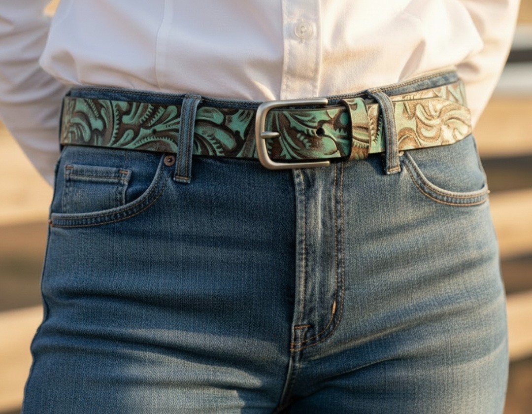 NWT $59 Patricia Nash Tooled Leather Pelosa Belt Turquoise/Brown L NWT $59 Patricia Nash Tooled Leather Pelosa Belt Turquoise/Brown L