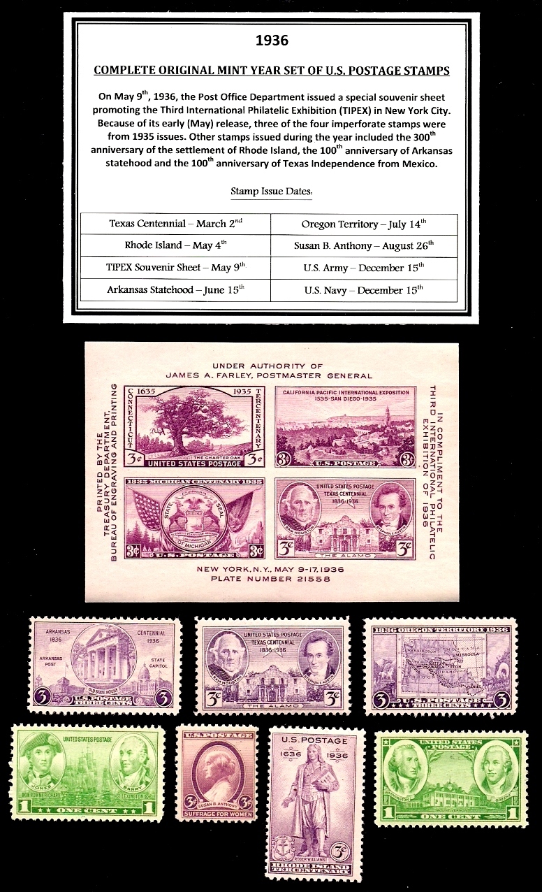1936 COMPLETE YEAR SET OF MINT -MNH- VINTAGE U.S. POSTAGE STAMPS