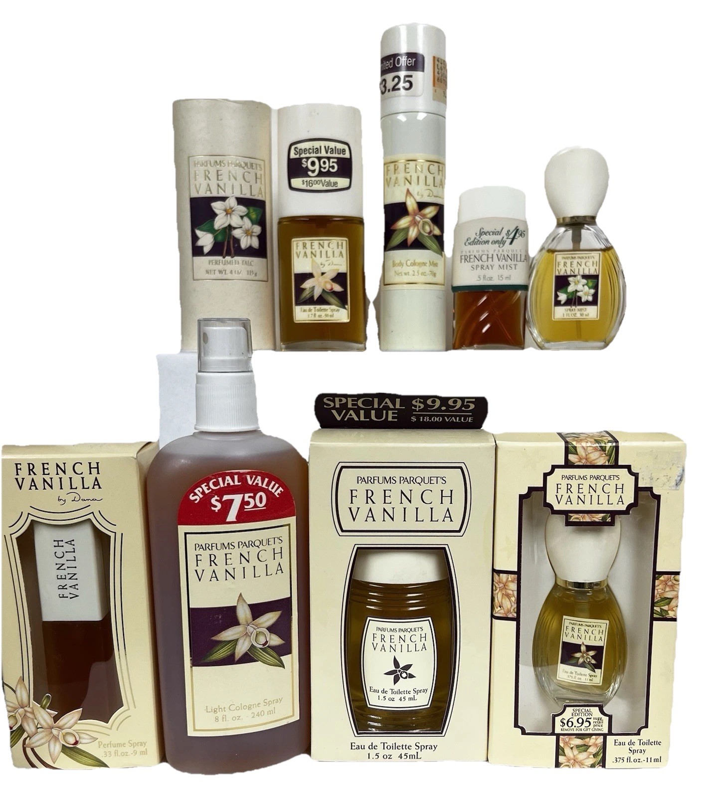 Complete 9 piece set  Dana /Parfums Parquets French Vanilla pl read below AS IS