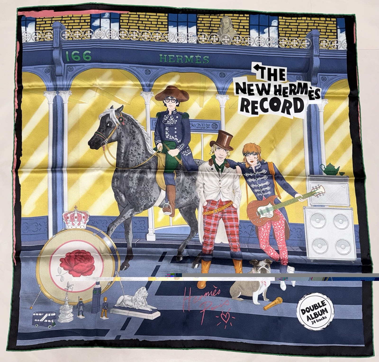 Hermès The New Hermès Record Carré 70 Silk Scarf Bleu Nuit Beige Doré Vert Multi