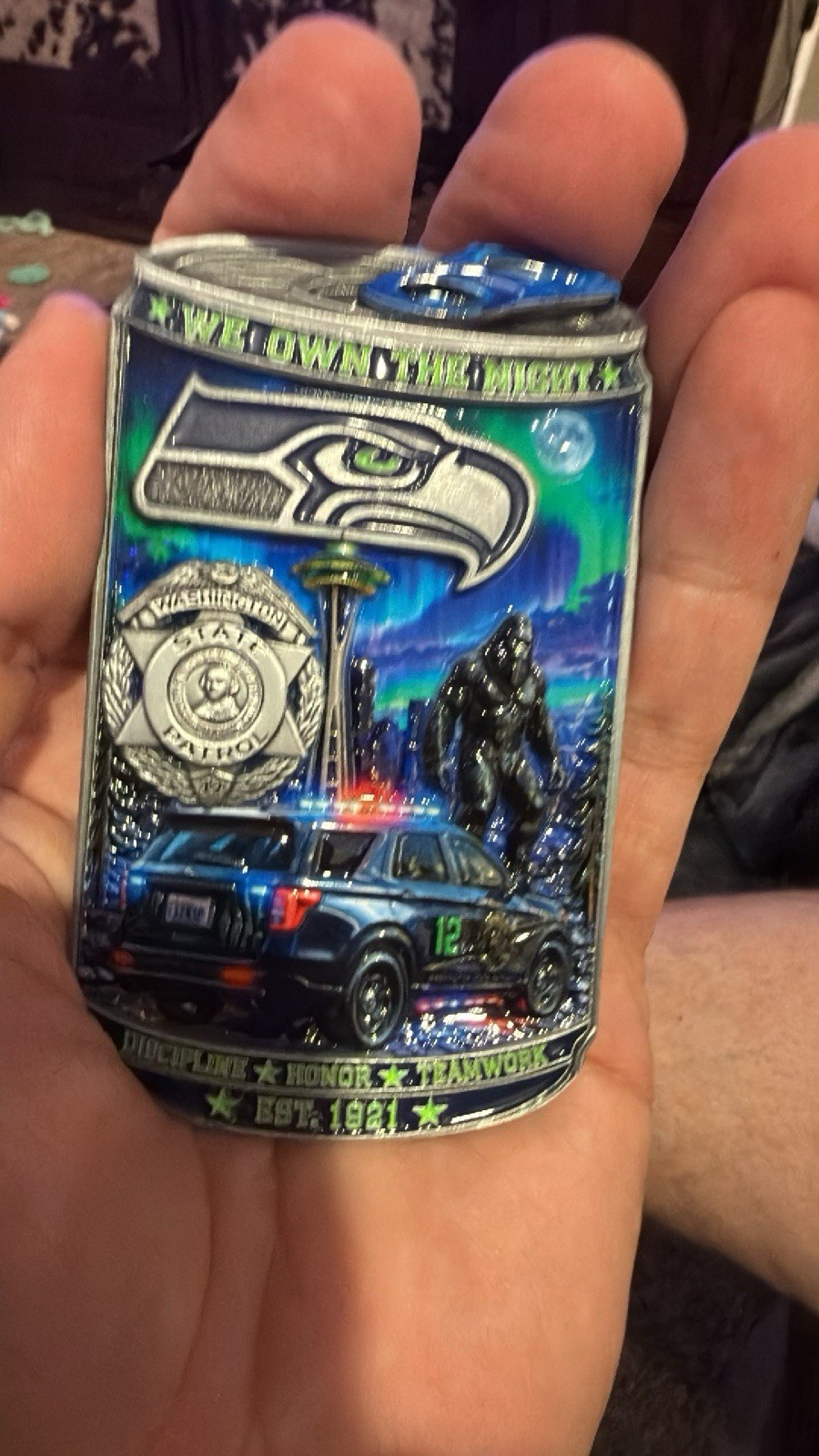 WSP Seahawks Night Shift Coin Challenge Coin 4 Inch Tall 8oz New Sealed WSP Seahawks Night Shift Coin Challenge Coin 4 Inch Tall 8oz New Sealed