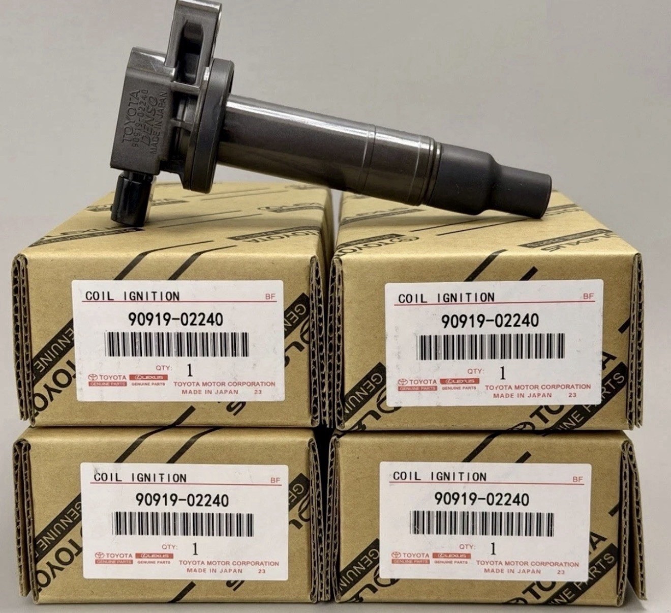 4 pack of Toyota on the plug coil, Denso 90919-02240 made in Japan. 4 pack of Toyota on the plug coil, Denso 90919-02240 made in Japan.