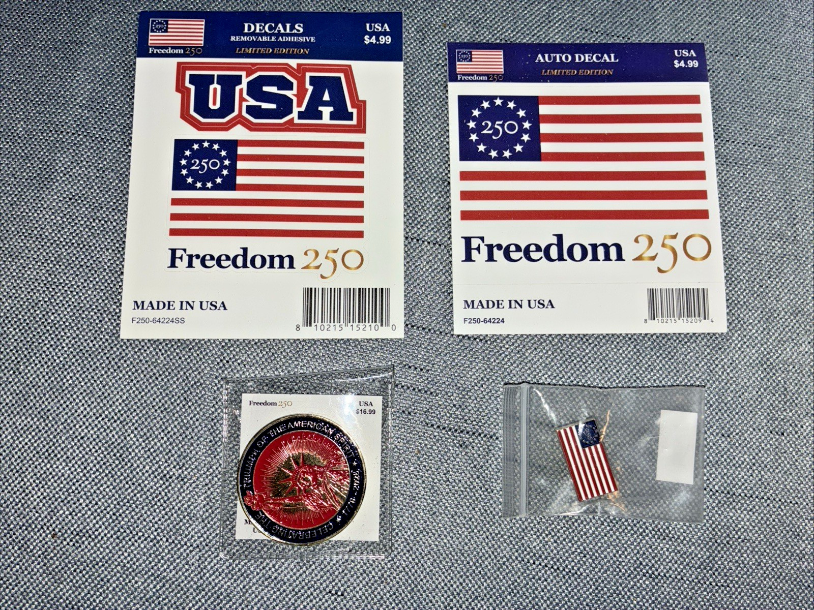 FREEDOM 250 USA 🇺🇸 Rare & Collectible 🇺🇸 Coin, Pin, Decals - NEW (S-21)
