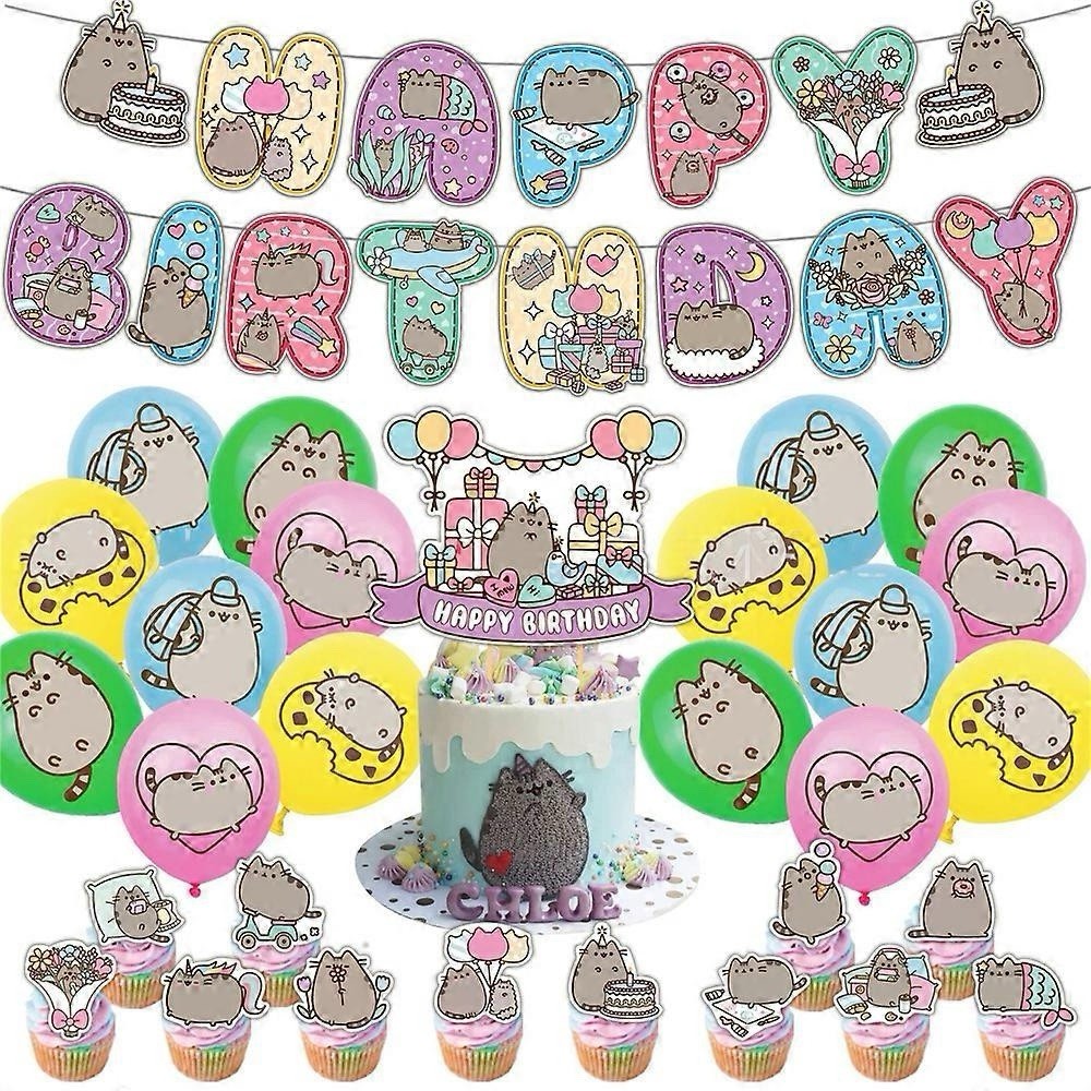 Funny Cartoon Cat Theme Birthday Party Supplies Set Banner Balloons Cake Toppers