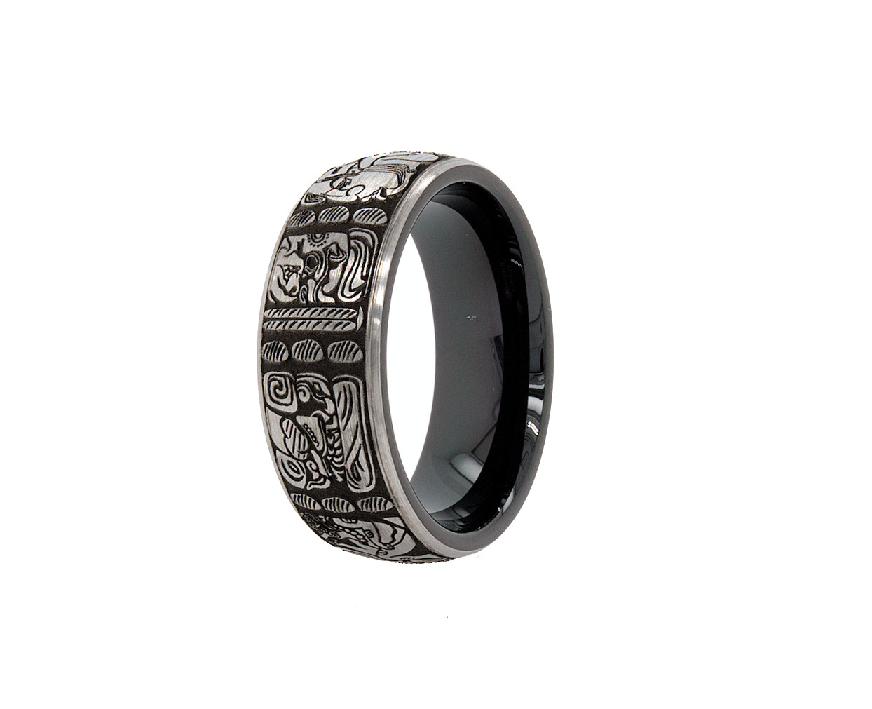 8mm Dome Shaped Black Plated Tungsten Ring with Mayan Inspired Engravings
