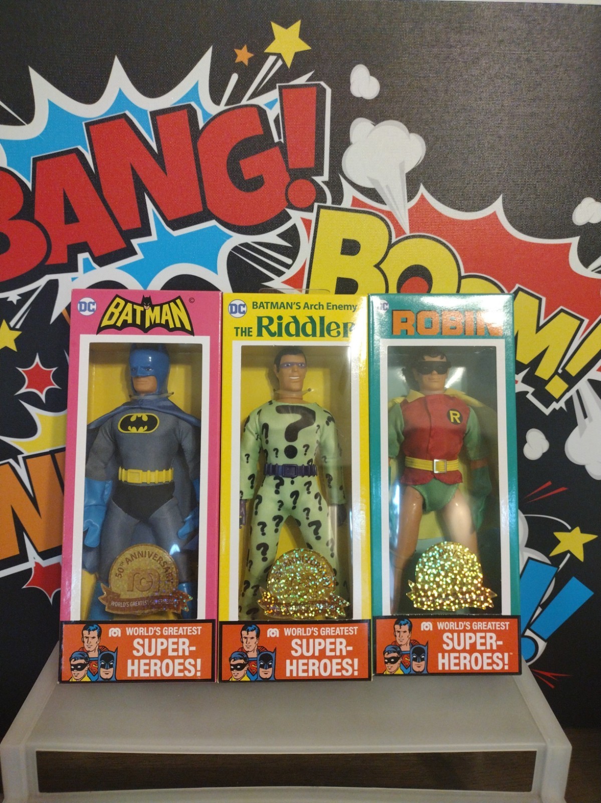 Mego 50th Anniversary World's Greatest Super-Heroes Batman Set Of 3. Mego 50th Anniversary World's Greatest Super-Heroes Batman Set Of 3.