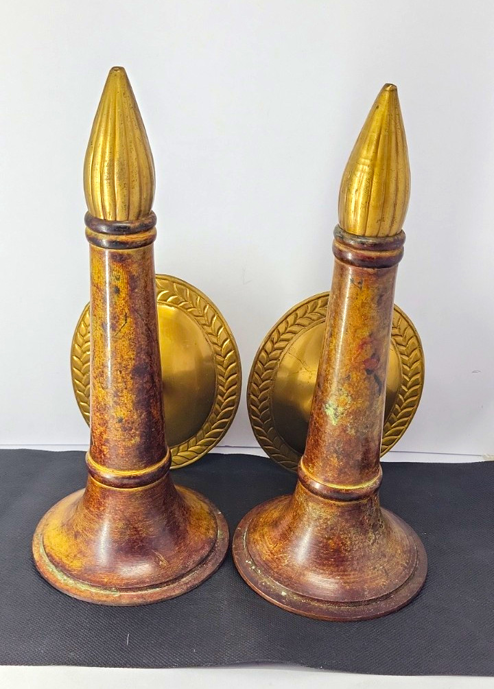 Vintage Pair MCM Brass Wood Tone Wall Candle Holder Sconces 1960s Mid Century Vintage Pair MCM Brass Wood Tone Wall Candle Holder Sconces 1960s Mid Century