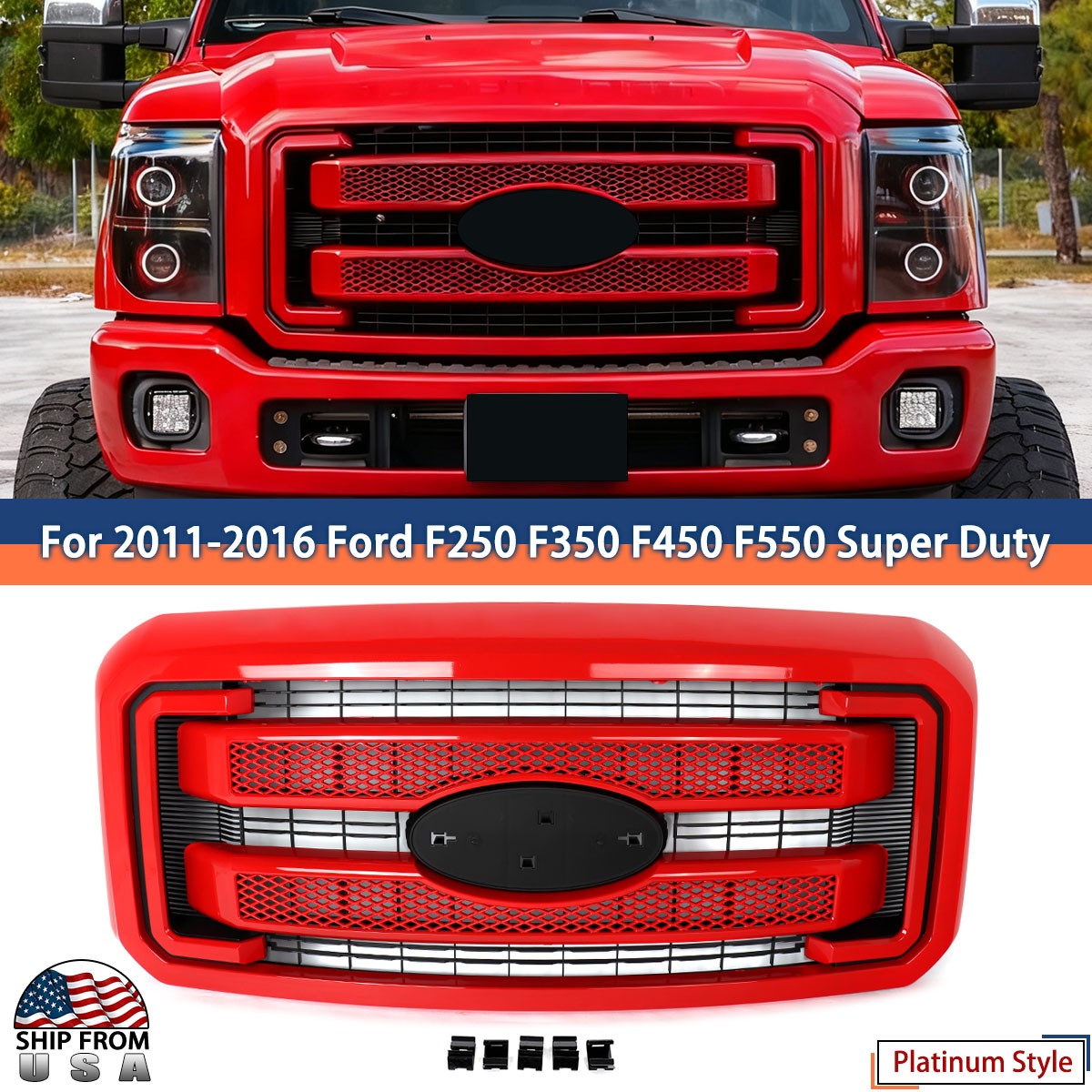 Platinum Front Hood Grille Race Red PQ For 2011-2016 Ford F250 F350 Super Duty