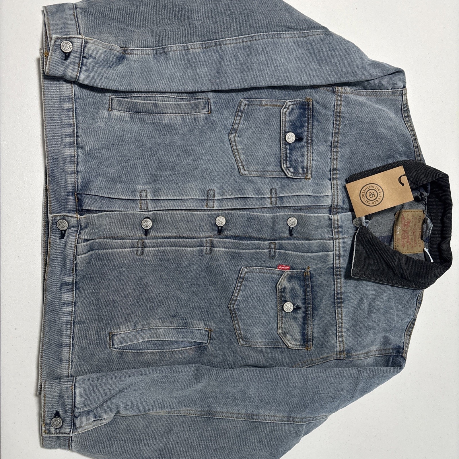 Stussy x Levi\'s Embossed Denim Trucker Jacket Mens XL Blue Wash Corduroy NWT Stussy x Levi\'s Embossed Denim Trucker Jacket Mens XL Blue Wash Corduroy NWT